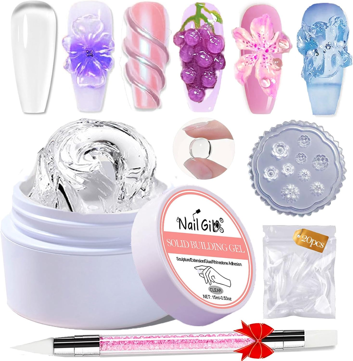 NAIL GIL Solid Builder Gel for Nails, 3D Gel Nail Art Sculpture Non-Sticky Hand Clear Extension Gel Sock off UV LED with 3D Silicone Mold Salon DIY at Home-15G/0.53Oz image number 2