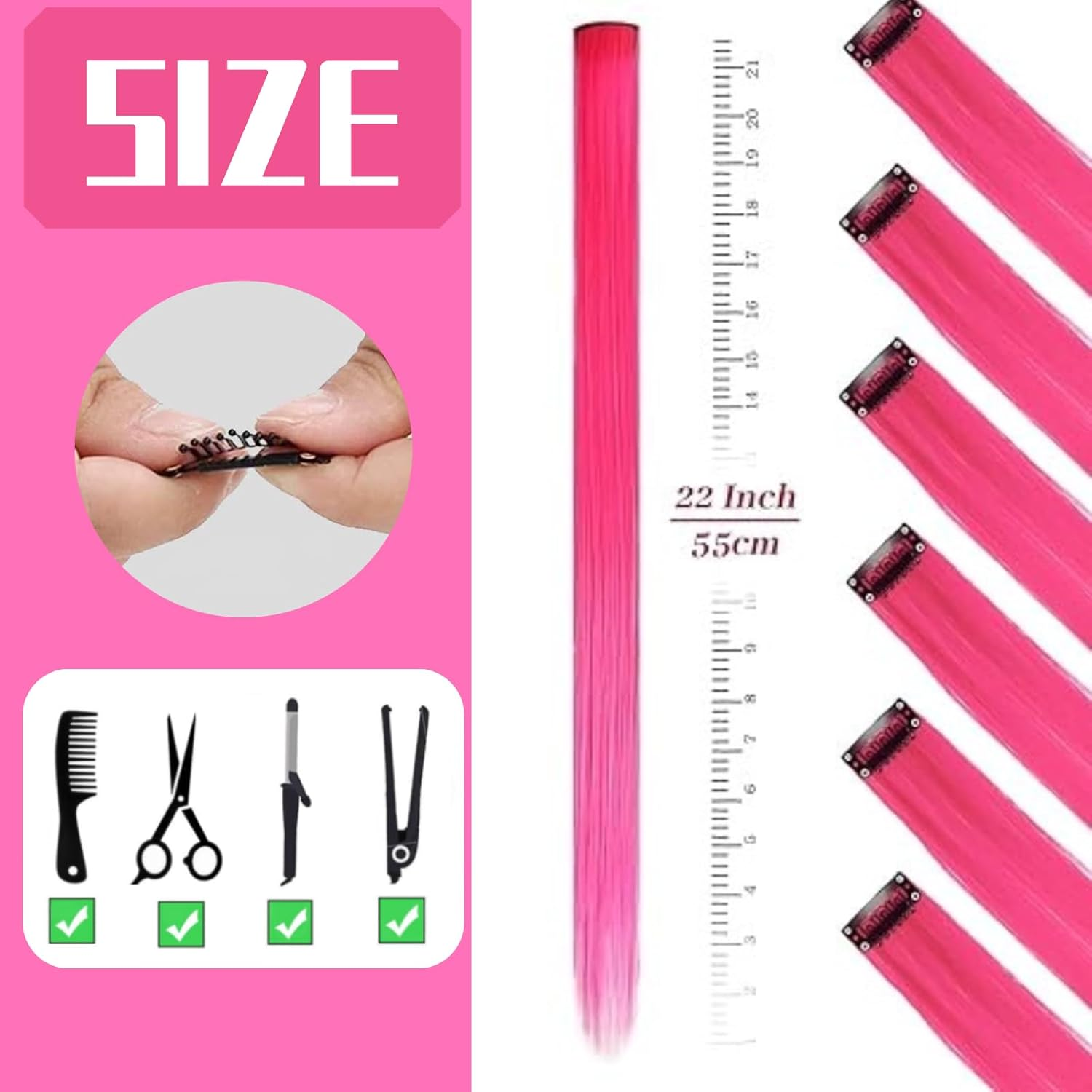 Abeillo 22 Inch Colored Hair Extensions Straight Hairpiece, Colorful Party Highlights Clip in Long Synthetic Hair Extensions，Made of High-Quality Materials for Women Girls Favor Gift(16 PCS Hot Pink)