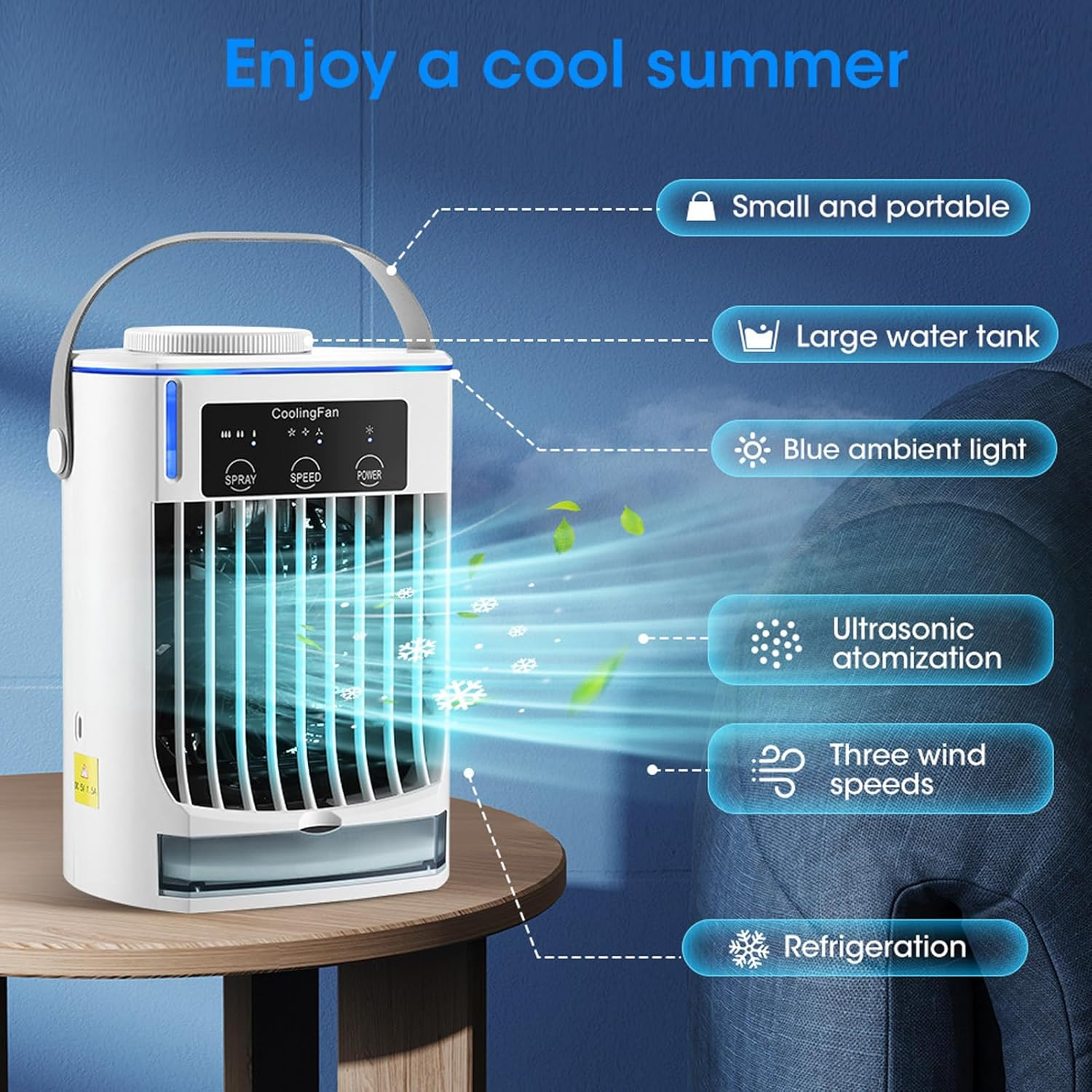 Bewinner Spray Desktop Portable Conditioner Fan with 500Ml Water Tank, Small Air Cooler Humidifier Fan 3 Speeds, USB Cooling Air Mini Conditioner for Room Office Camping (White) image number 4