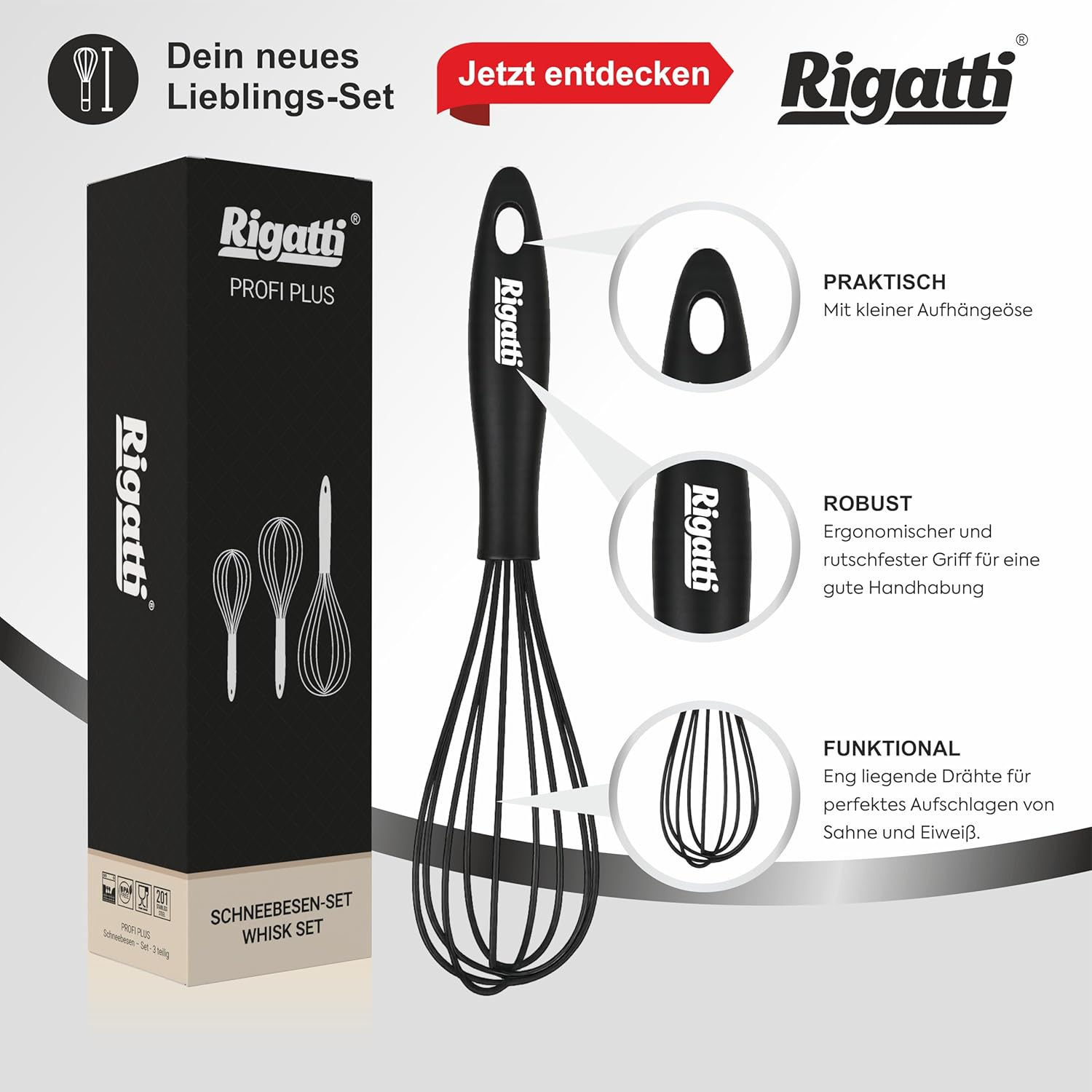 RIGATTI Whisk Set of 3, Stainless Steel Wires with Silicone Cover, Ergonomic Non-Slip Bpa-Free Easy Cleaning, Kitchen Whisk, Baking Cooking Accessories, Kitchen Helper, Spiral Whisk image number 6