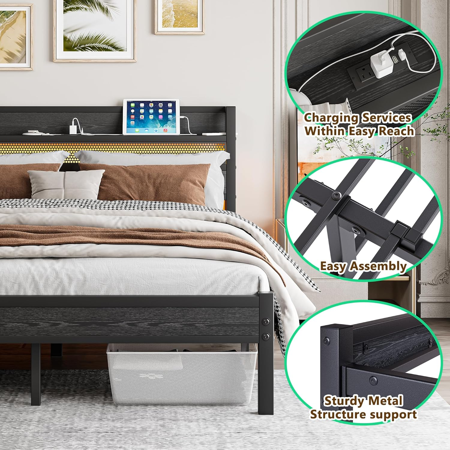 Queen Size Bed Frame with Charging Station, Metal Platform Bed with Storage Headboard Heavy Duty,Noise-Free Mattress Foundation, No Box Spring Needed image number 3