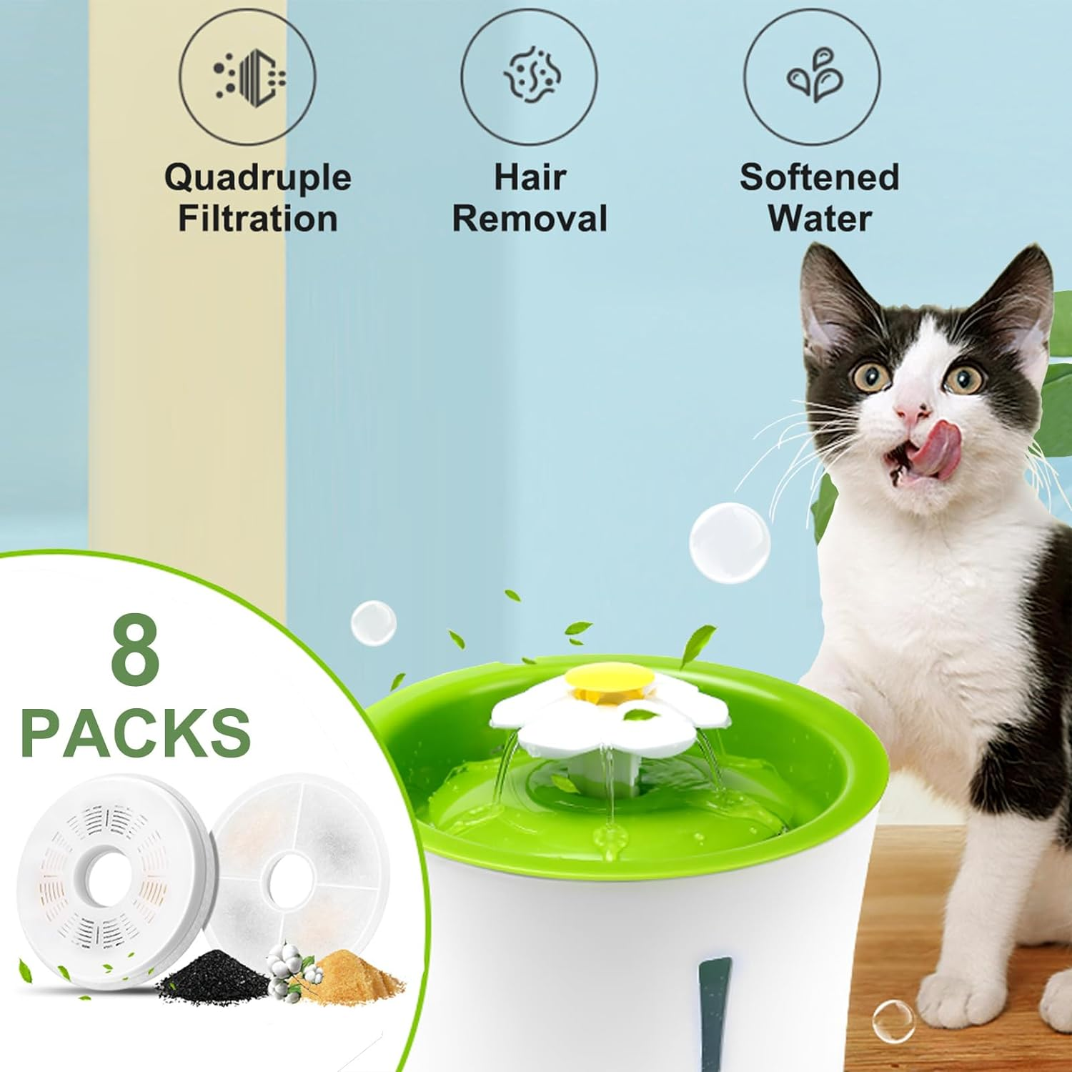 8 Packs Cat Water Fountain Filters, Hantoc Replacement Pet Water Fountain Filters Activated Carbon Filter for 3L/100Oz Cat Fountain 43742W &lrm;43747W &lrm;43725 Cat Fountain with Active Carbon image number 5