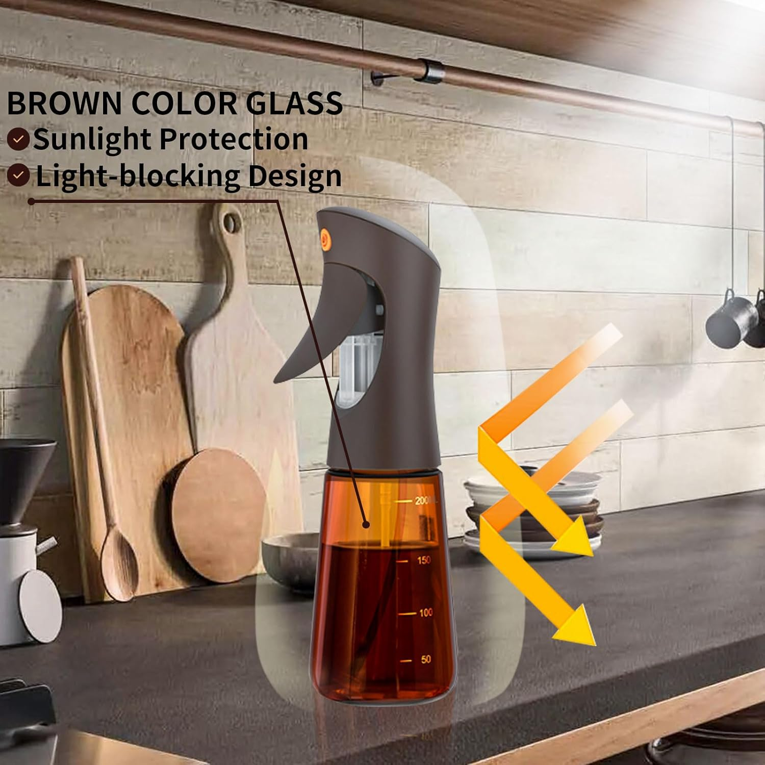 SHEGZHUC Olive Oil Sprayer for Cooking Glass, 200Ml Olive Oil Dispenser Bottle Brown, Spray Bottles Oil Dispenser for Kitchen, Kitchen Gadgets for Salads, Grilling with 3 in 1 Cap Brush ＆ Straw Brush