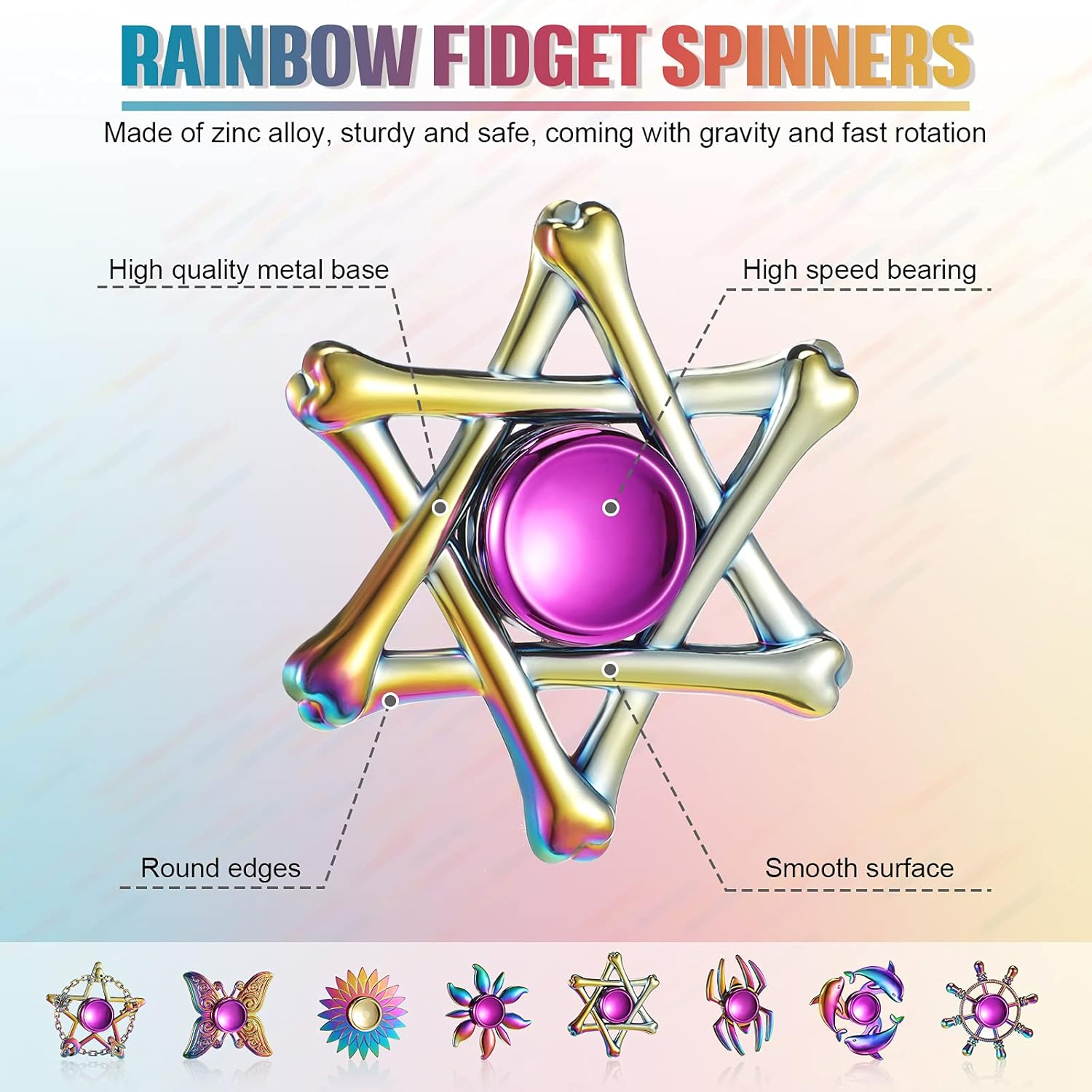 Lewtemi 8 Pieces Rainbow Fidget Metal Spinner Colorful Finger Spinners High Speed Hand Spinners Fidget Toys for Stress Anxiety Relief for Adults and Teens (Cool Style) image number 5