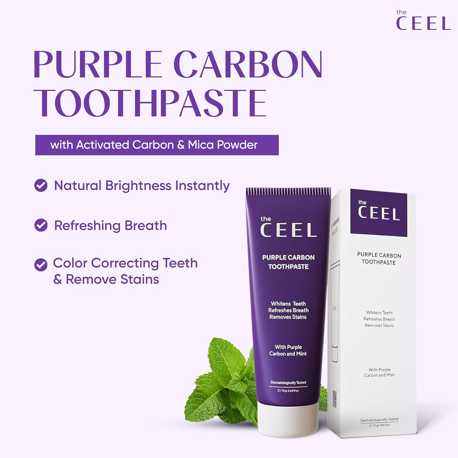 Purple Toothpaste for Teeth Whitening with Activated Carbon & Mica Powder - Color Correcting Teeth, Stain & Plaque Remover Oral Care Formula with Mint Flavor - Gentle on Enamel & Gums - 75G