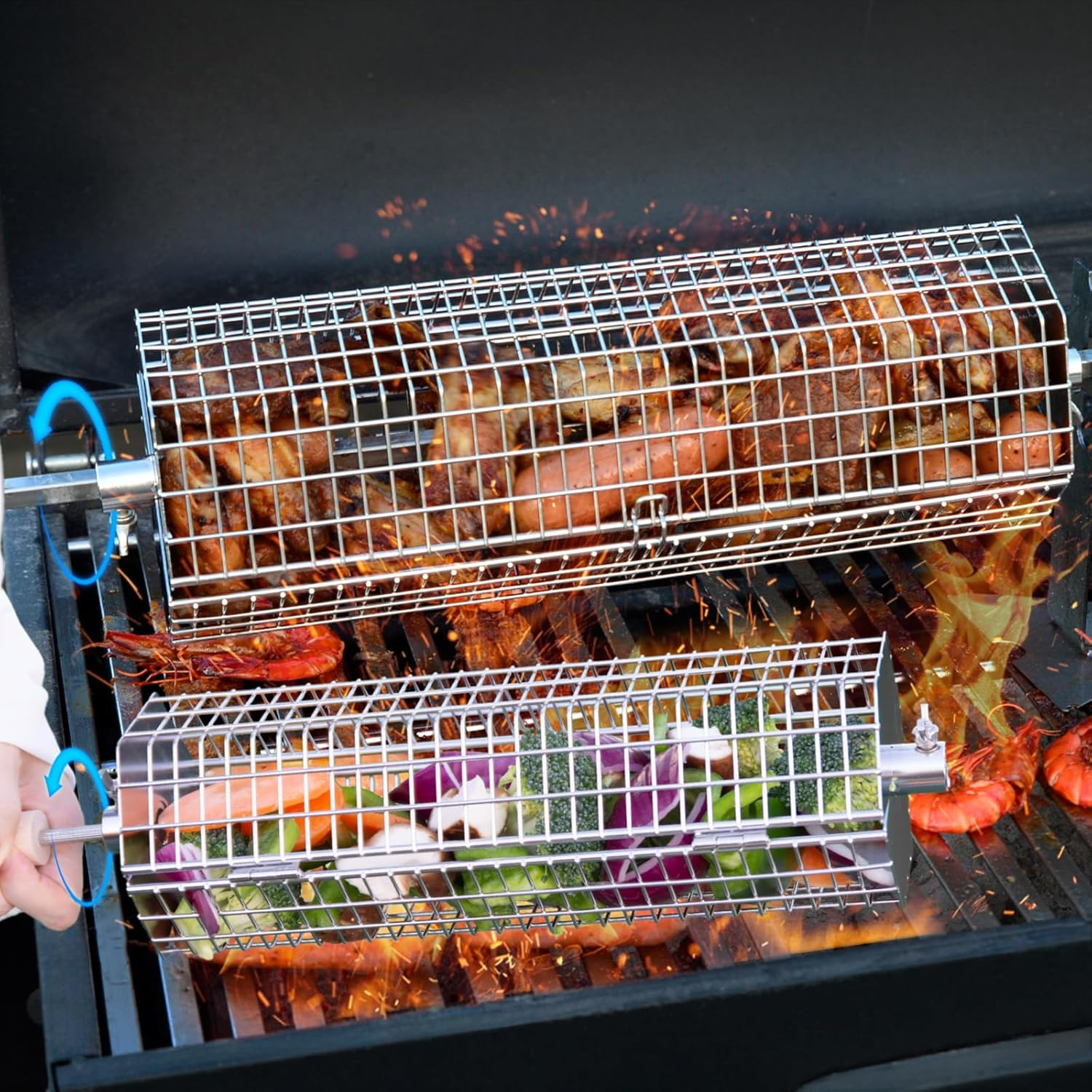 LANEJOY Rolling Grill Baskets with Removable Handle (Hexagonal), 2 PCS Stainless Steel Rolling Grilling Basket for Outdoor Grill, Portable Grill Nets for Vegetable Shrimp Chicken, Barbecue Accessories image number 4