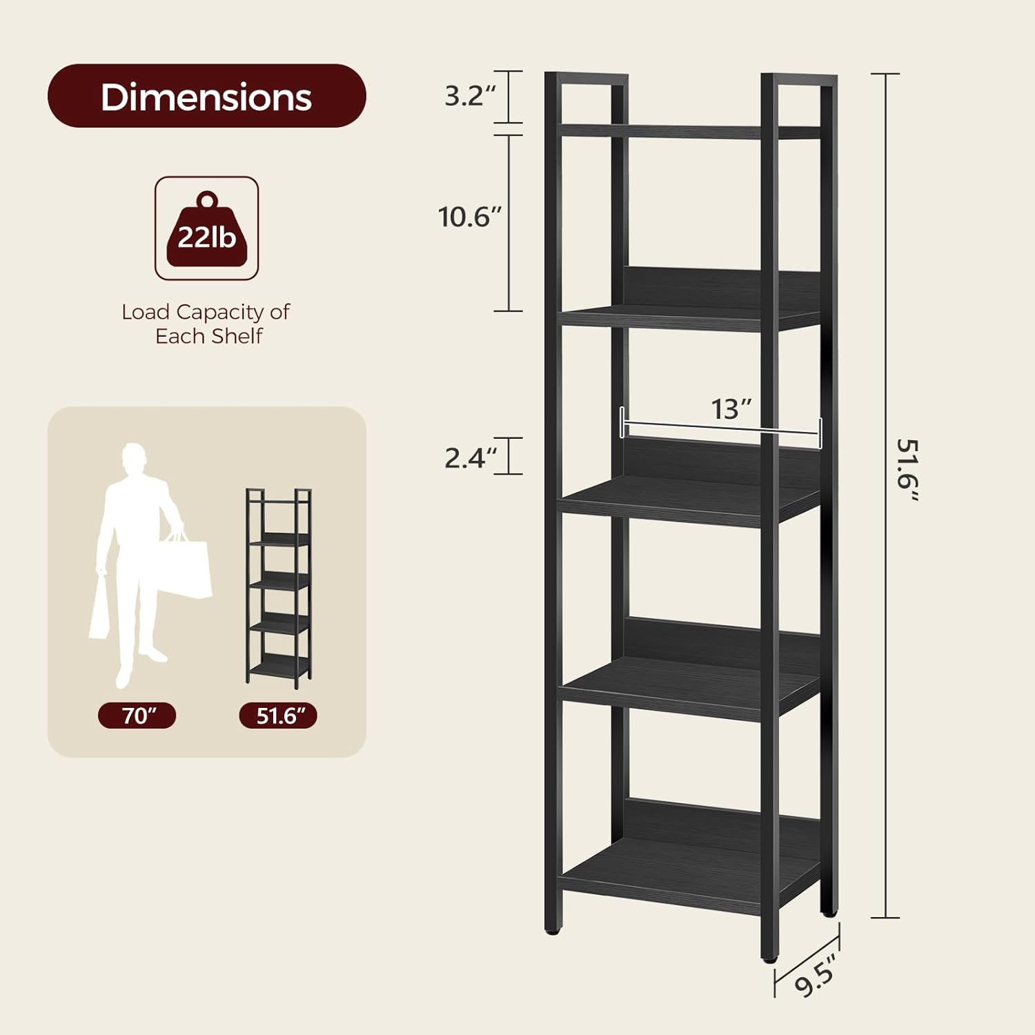 MAHANCRIS Bookshelf, 5-Tier Bookcase, Standing Book Shelf for Small Space, Storage Shelf Organizer, for Living Room, Bedroom, Study, Balcony, Black BKHB5501 image number 6