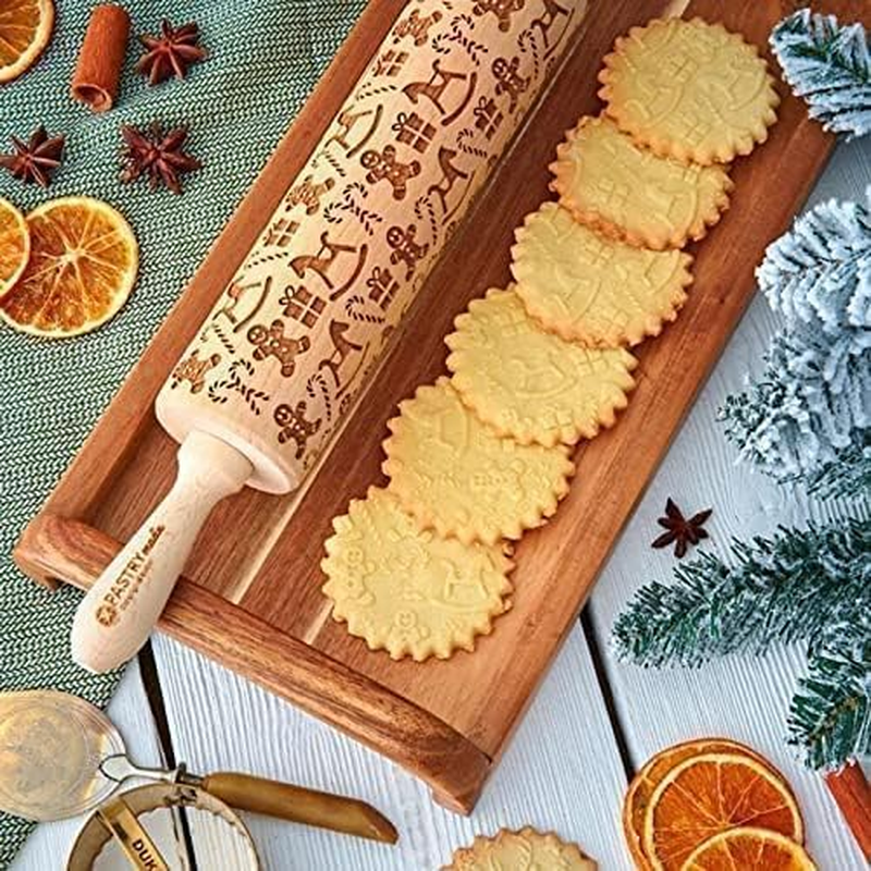 Xtmas Woden Rolling Pin for Baking,Engraved Embossing Rolling Pin Cookie Stamps Roller Square Grid Cookies Mold Kitchen Decor Tools for Kids Adults (Gingerbread Man) image number 2