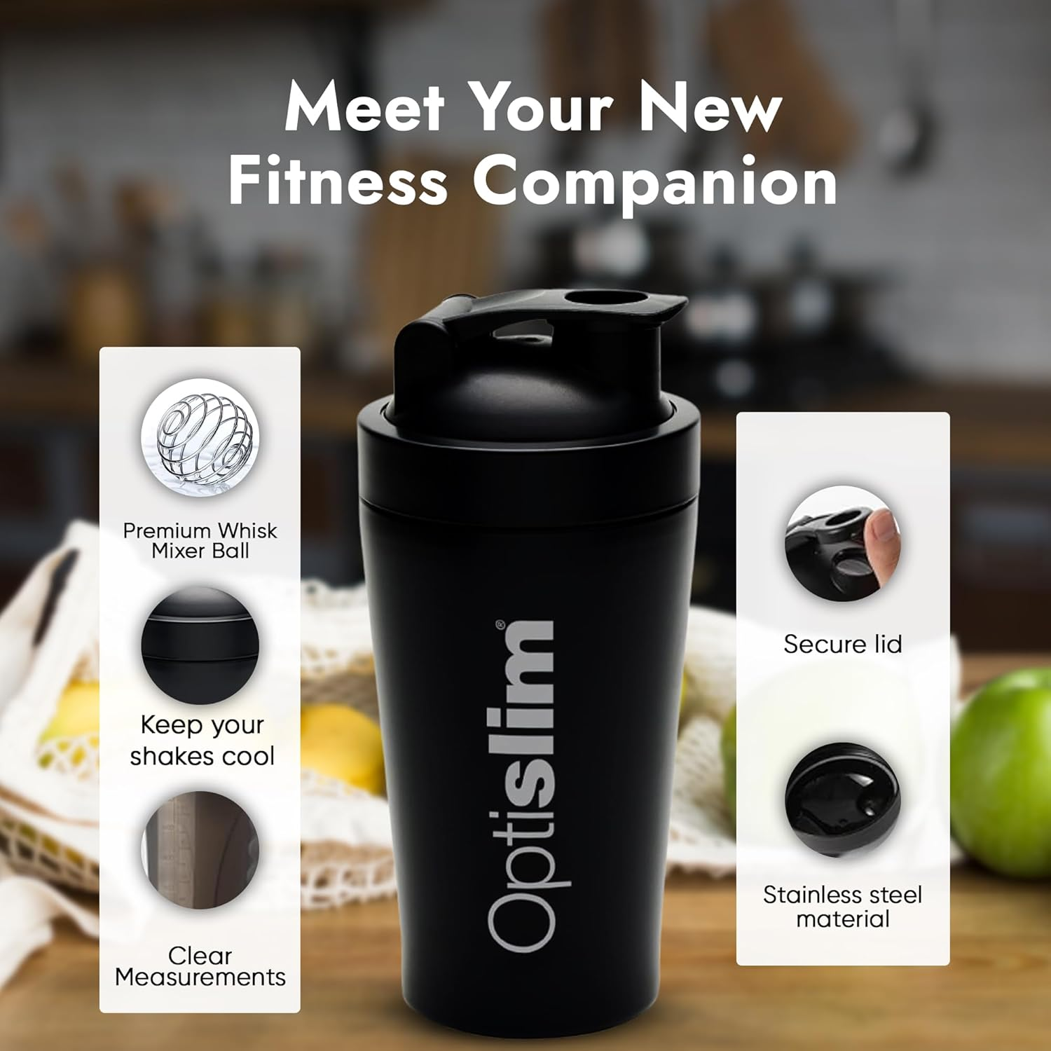 Optislim PREMIUM Shaker Bottle - Stainless Steel Protein Shaker Bottle with Matte Black Finish - Keep Shakes Cooler for Longer - Spill-Proof, Odour & Stain Resistance image number 3
