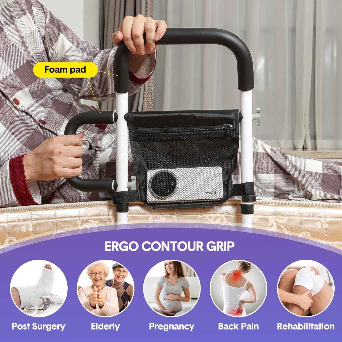 Aumerage Bed Rails for Elderly Adults Safety -Bed Assist Rail with Double Grab Bars, Medical Bed Support Bar Safety with Storage Pouch, Bedside Assist Bar with Support Legs image number 4