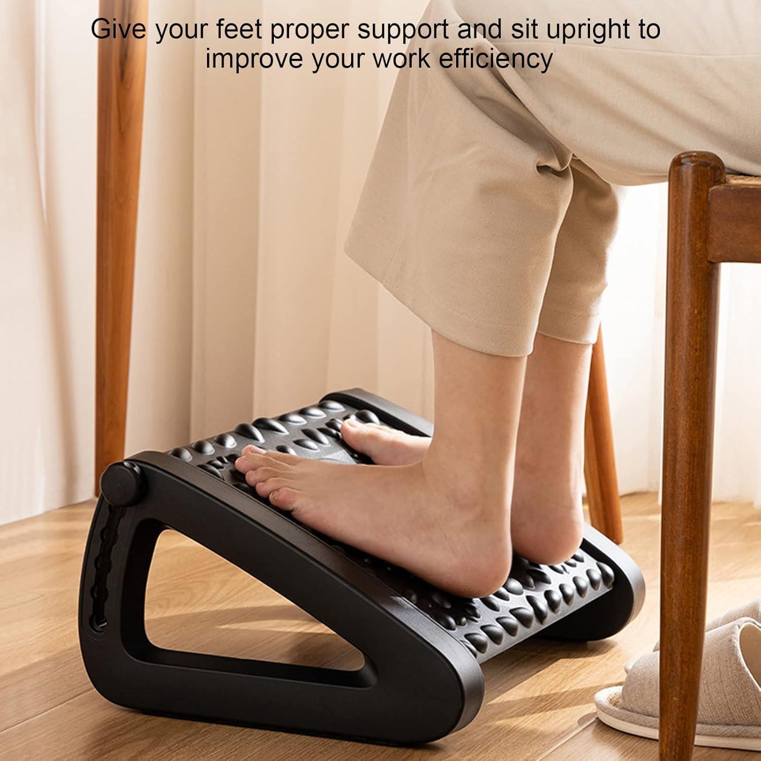 Adjustable Footrest under Desk, 6 Height Adjustable Ergonomic Comfort Foot Stool at Work with Massage Texture and Roller, Foot Support for Home & Office (Black)