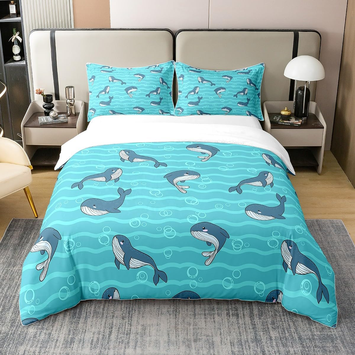 Ocean Life 100% Cotton Duvet Cover 155 X 220, Cartoon Shark Whale Bed Linen, Colourful Underwater World Comforter Cover, Abstract Geometric Sea Wave Quilt Cover, Starfish Sea Animals Bed Linen, Blue