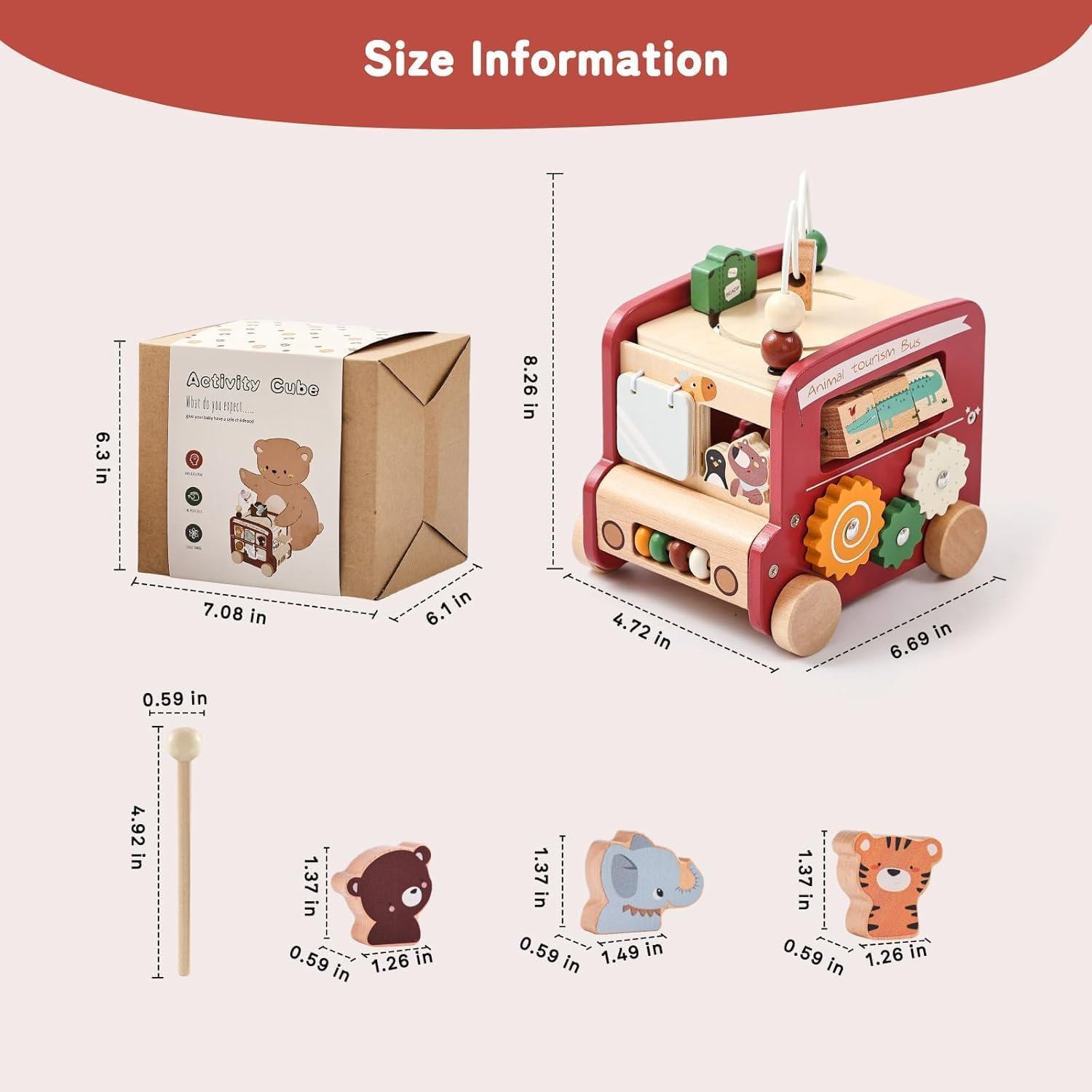 Wooden Activity Cube, 8-In-1 Montessori Toys with Animal Tourism Bus Theme, Multifunctional Early Educational Learning Toys Montessori Toys for 1 Year Old Boys Girl Oddlers Kids Birthday Gift (Red) image number 6
