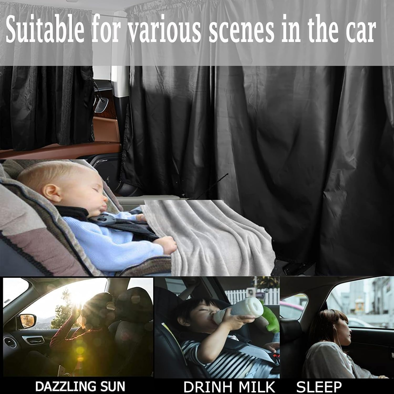 Car Privacy Curtains,Car Divider Curtain between Rear Seat,3Pcs Car Window Sun Shade Curtain for Baby,Universal Removable Car Sun Shades Side Window Covers Car Accessories for Travel Camping Sleeping image number 2
