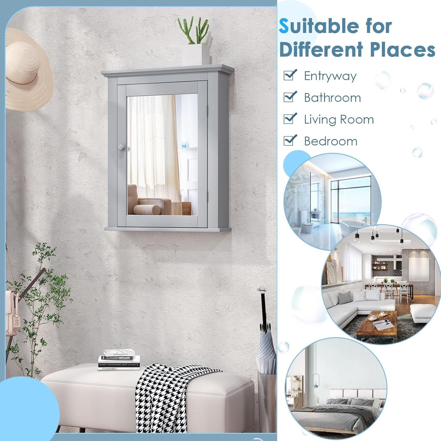 Giantex Mirrored Bathroom Cabinet, Wall Mount Wooden Medicine Storage Cabinet W/Single Door & Adjustable Shelf, Multipurpose Home Organizer 56 X 69 Cm (Gray) image number 5