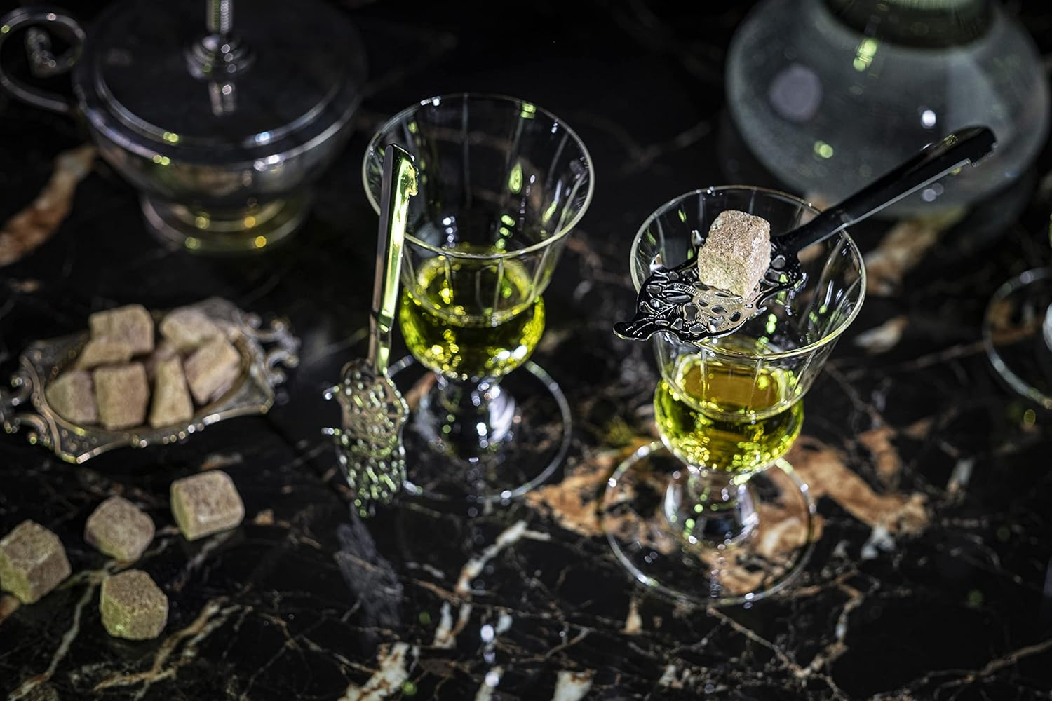 Vintage Crystal Liqueur Glasses, Absinthe, Sambuca, Raki, Pastis, Ouzo | Set of 4 | Short Stemmed 6.5 Oz Goblets with Bubble Reservoir for Drinking Green Fairy | Handblown Small Wine Bistro Glassware image number 3