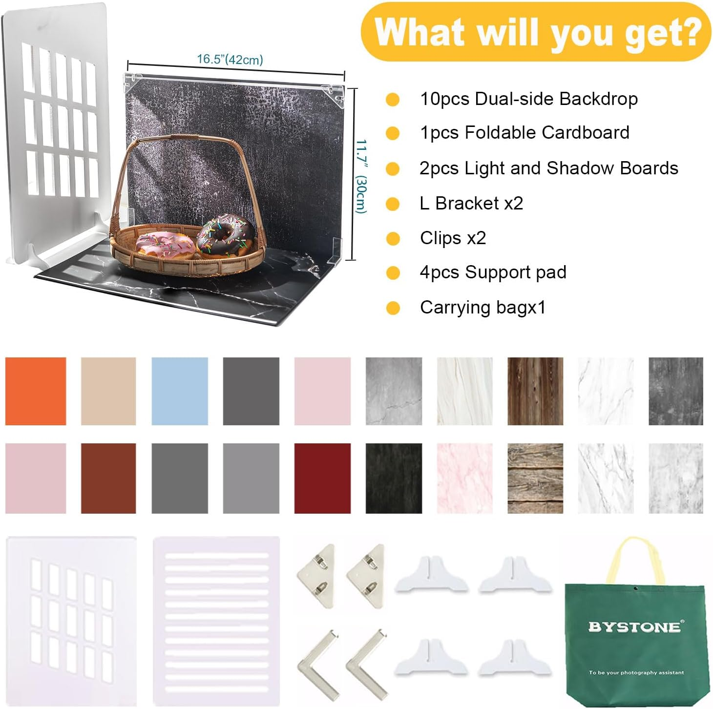 10Pcs 20Patterns Small Product Photography Backdrops Kit Photo Background Food Photography Backdrop Board with Shadow Props and Carrying Bag (16.5X11.7Inch) image number 3