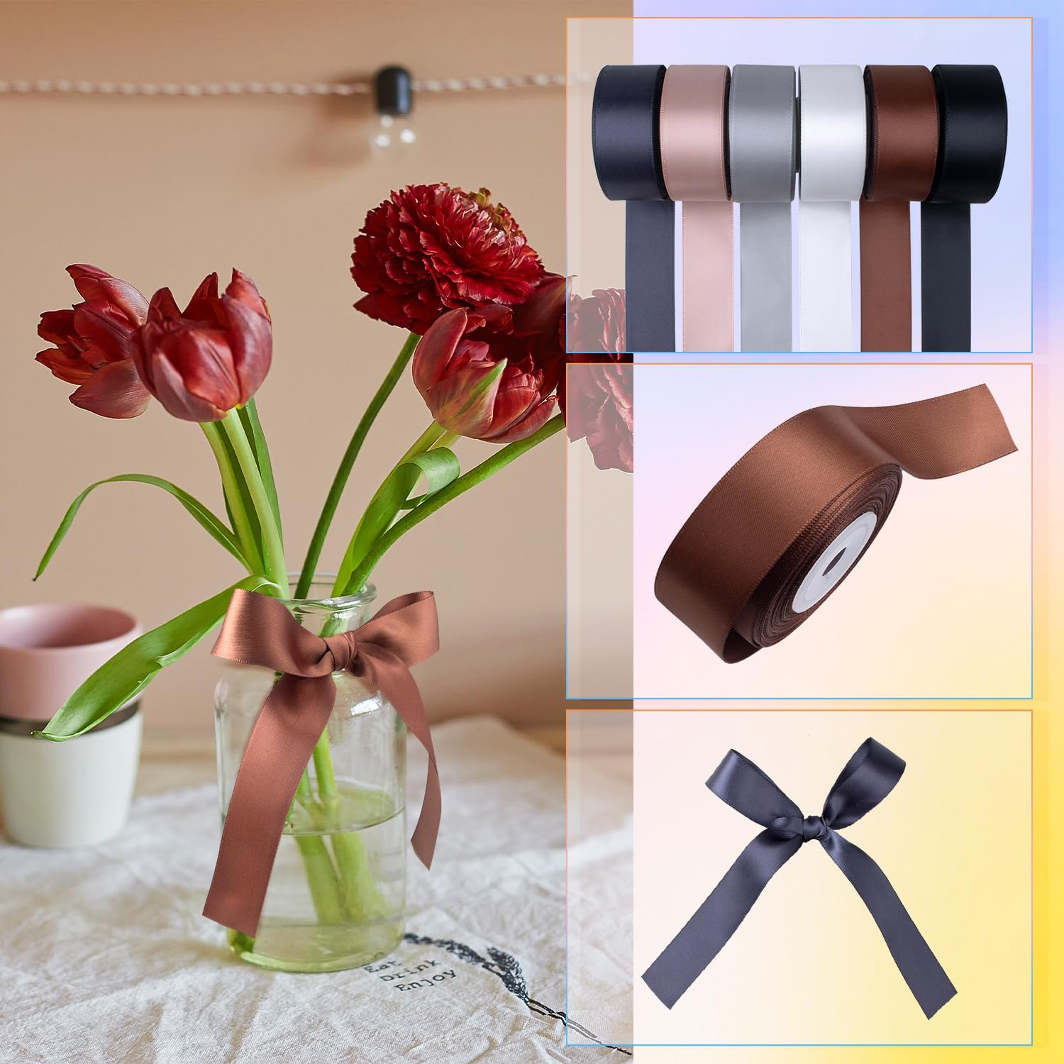 Black and White Satin Ribbon 1 Inch Wide Assorted Solid Color Double Faced Satin Ribbon for Wedding Flower Bouquet Wrapping Gift Wrapping Hair Bows Crafts image number 4