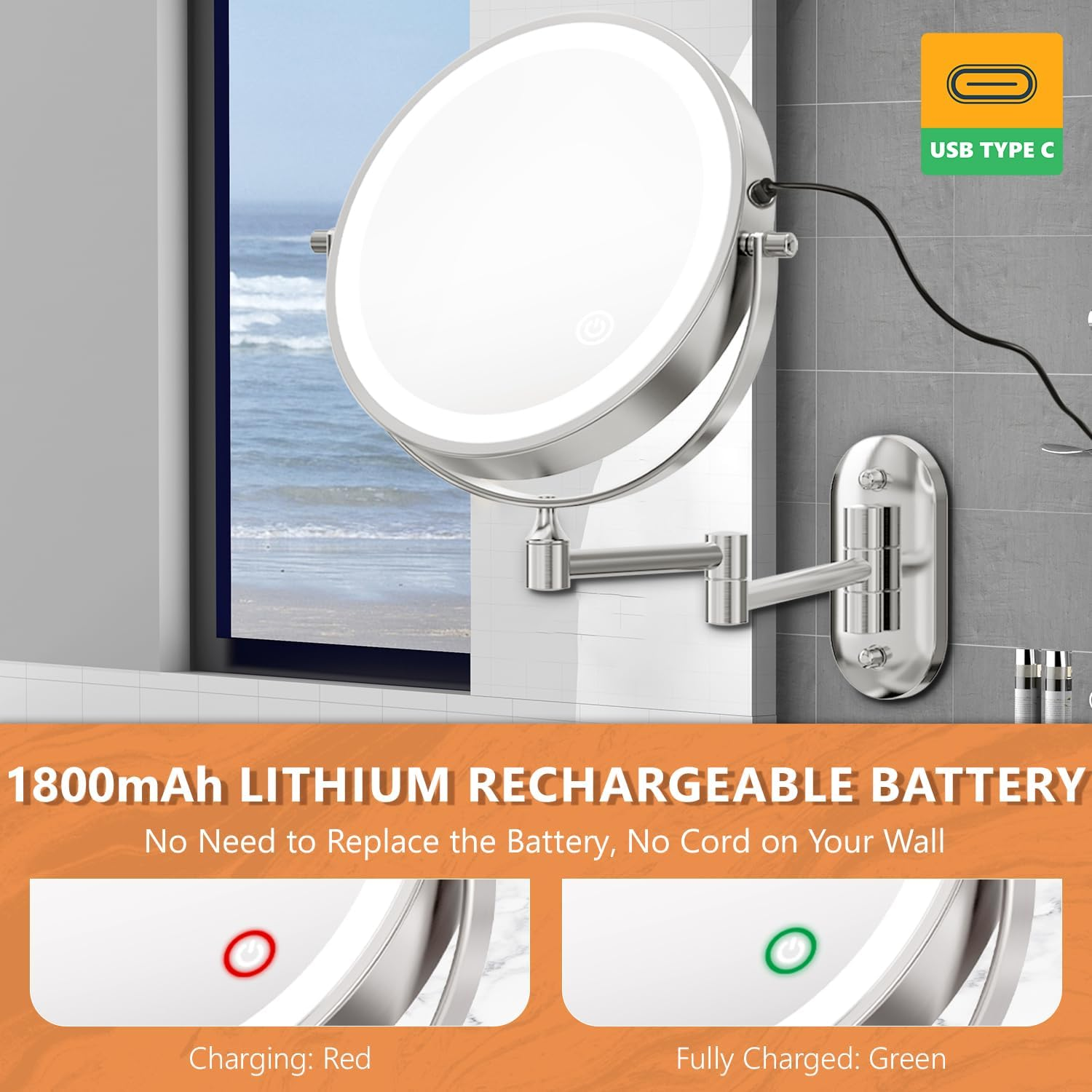 Auxmir Lighted Wall Mounted 20X Magnifying Makeup Mirror, 8" Double-Sided 360&deg; Swivel Shaving Mirror with Extendable Arm, 3200Mah Rechargeable Dimmable Mirrors with Tweezer for Bathroom and Hotel image number 4