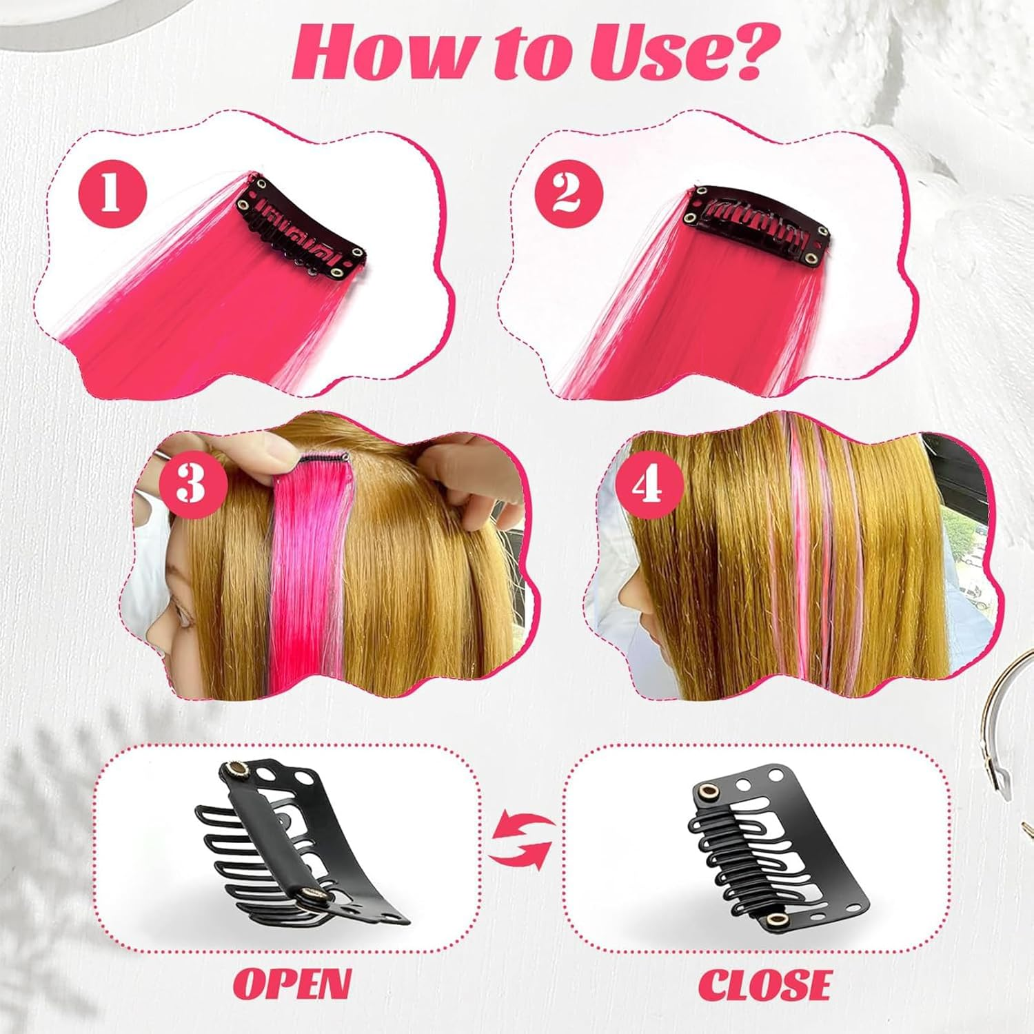 10 PCS Pink Hair Extensions, Clip-In Synthetic Hair Pieces for Women and Girls, Party Highlights, Costume Play Accessories, Straight Long Hair Extensions