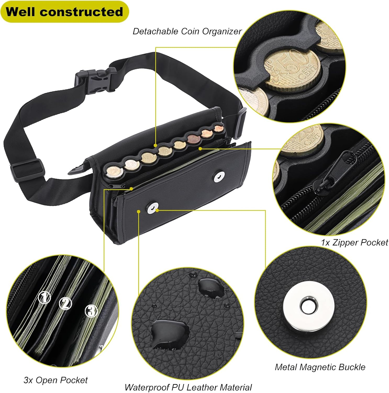 OGA Wallet with Coin Dispenser, Black Waiter'S Bag, Belt Bag with Coin Sorter and Organiser for Waiters, Bus Drivers, Taxi Drivers, Adjustable Belt, 8 Compartments for Coins (21.3 X 7 X 10.3 Cm