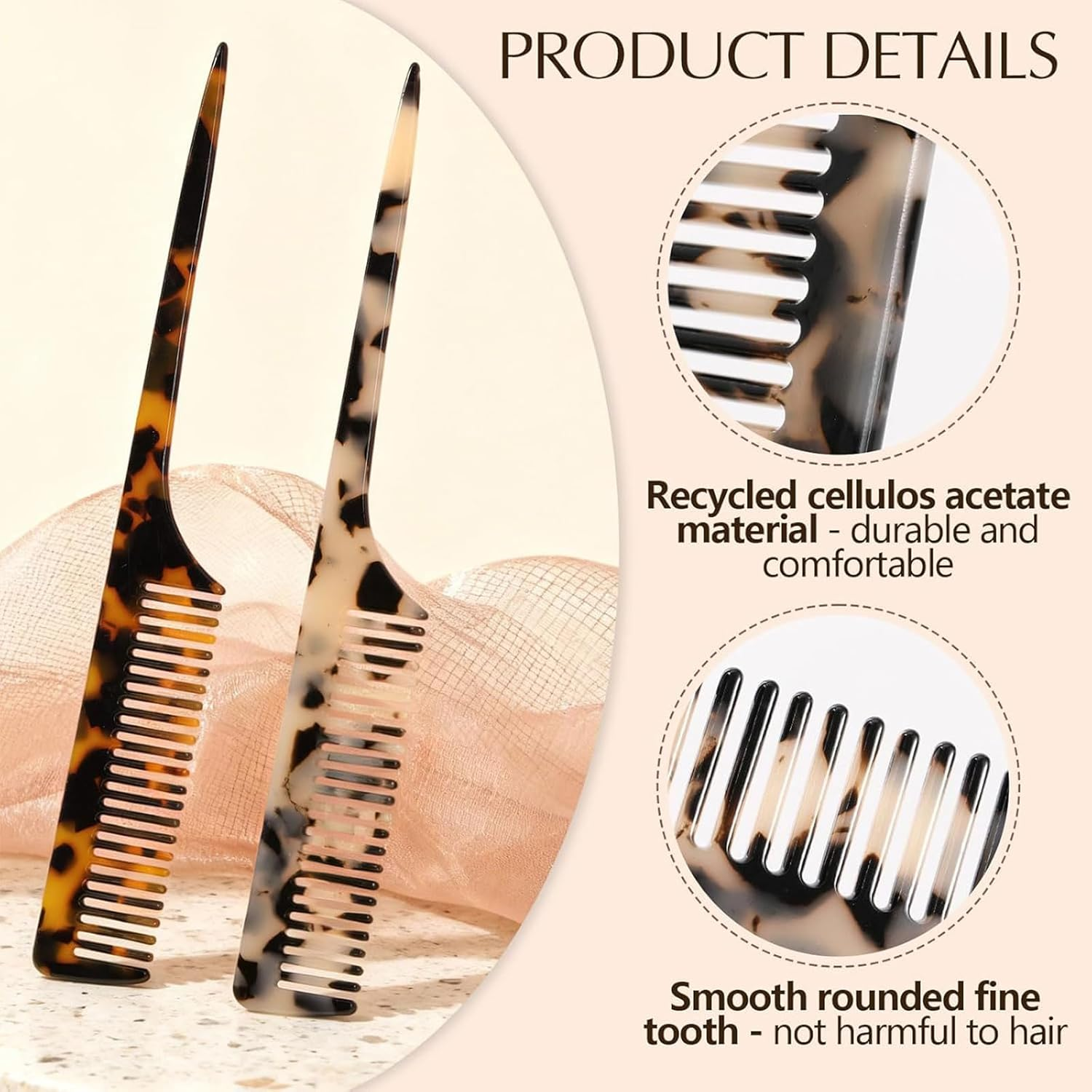 Muorruo 2-Pack Tail Combs for Women, Fine-Tooth Hair Comb for Parting and Teasing, Hair Styling Tools for Braiding, Eco-Friendly Comb Made from Recycled Cellulose Acetate image number 3