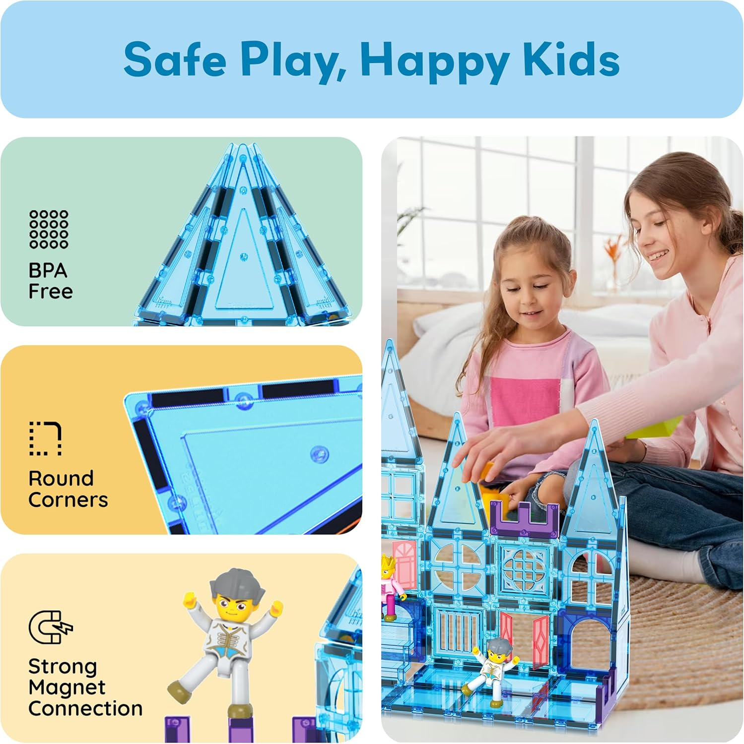 Picasssotiles 72 Piece Magnetic Building Tiles Castle Winter Ice Theme Construction Magnet Block Set with Princess Prince Character Stairs Windows Doors STEM Learning Educational Toy Kids Ages 3+ PT72