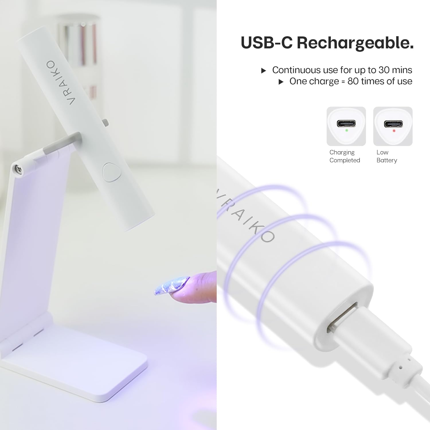 VRAIKO Minicure Handheld UV Light for Gel Nails, Portable UV Nail Lamp with Stand, Rechargeable Mini LED Nail Lamp Nail Dryer for Fast Curing (White)