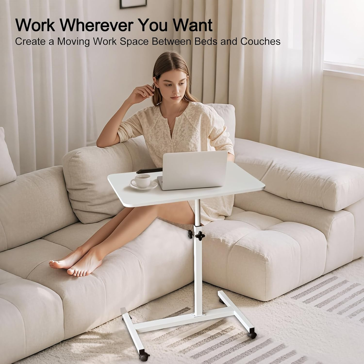 ONEIN Overbed Table with Wheels, Adjustable Laptop Table for Bed Couch Sofa, Portable Standing Desk for Home Office, C Shaped Small Study Table, Tiltable & Stable image number 6