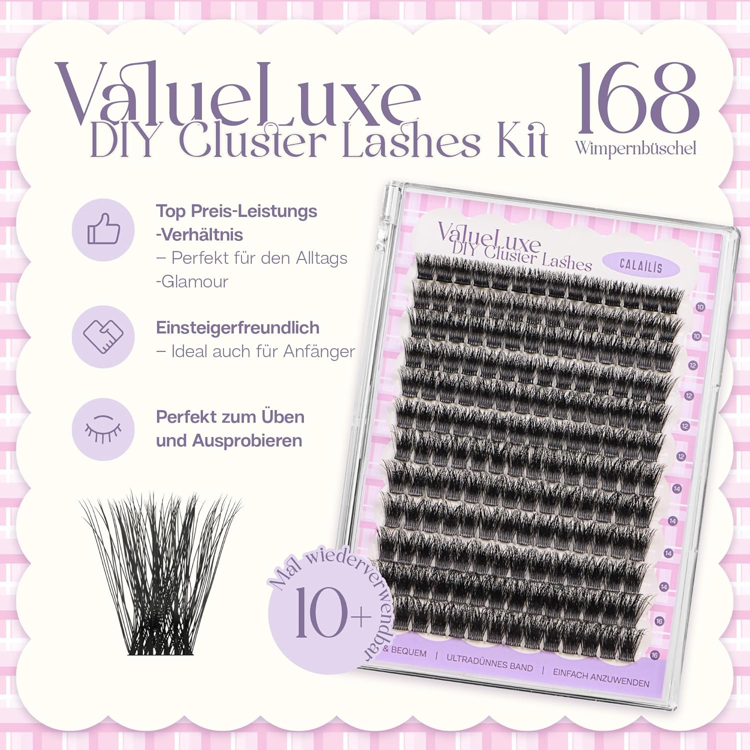CALAILIS Eyelash Extensions, 168 Pieces, D Curl, DIY Individual Eyelashes, Mega Volume and Reusable Wispy Cluster Lashes, Super Thin Band and Soft Comfotable All Day (M03) image number 4