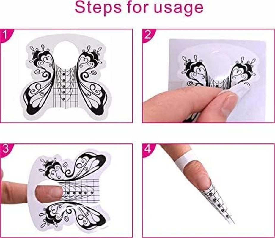VNC 200 Pcs Nail Form Guide Acrylic Tip Extension Forms Black and White Color Sticker Rroll Manicure Tool for Acrylic UV Gel Nail Art Tips Butterfly Shape Long Nail Extension Bluider Forms image number 1