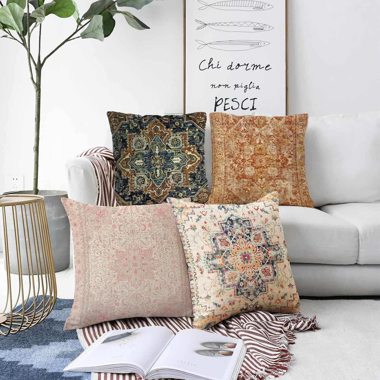 EDTOY Boho Throw Pillow Covers 16X16 Inch Set of 2,Boho Vintage Carpet Pattern Antique Ethnic Decor Double Sided Pattern Cushion Cover Soft Pillow Case Living Sofa Room Bed Square Pillow Cover image number 5