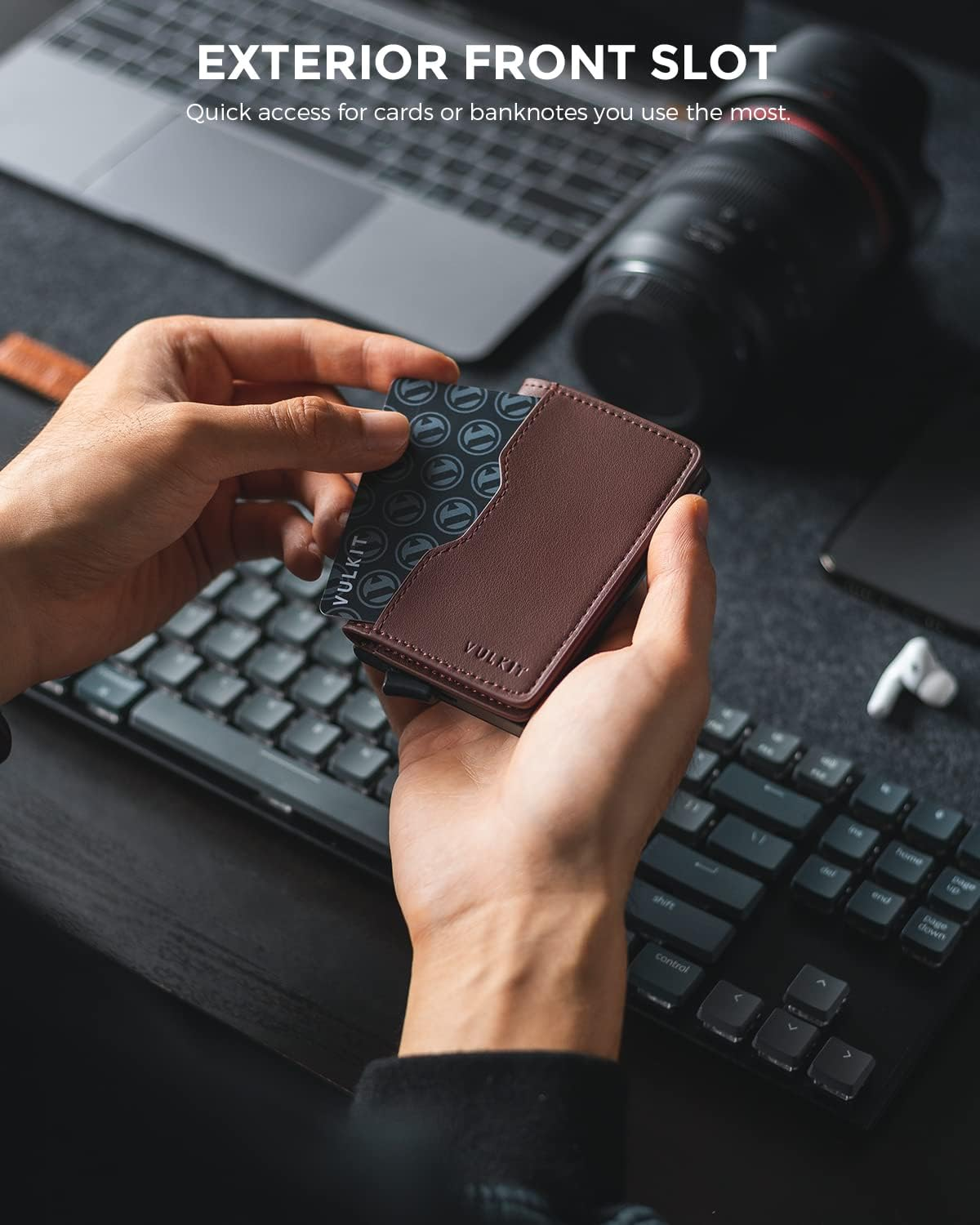 VULKIT Slim Pop up Wallet for Women Minimalist Credit Card Holder with Leather Slots Men'S Bifold RFID Blocking Metal Wallets(Dark Brown) - Cf Black image number 5