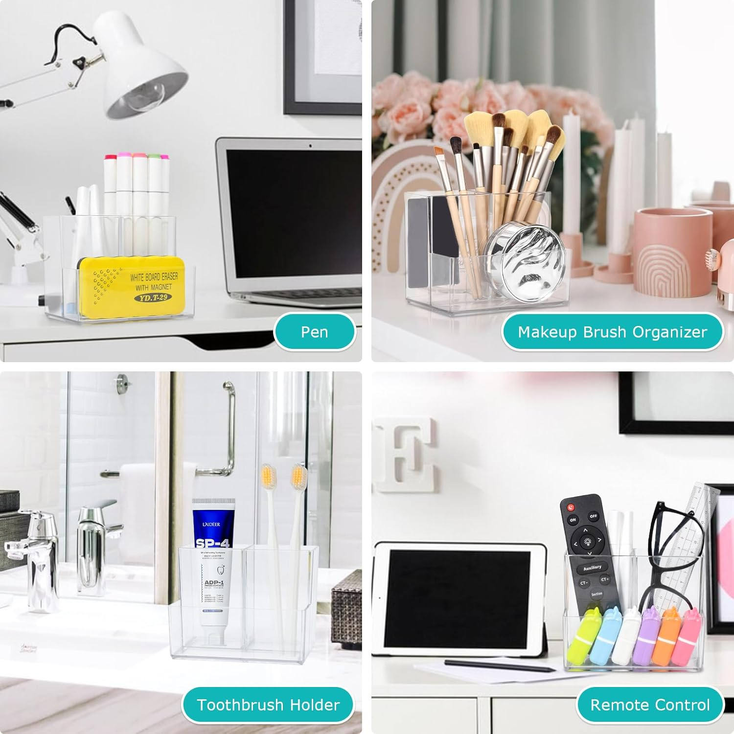 SAYEEC 2 Pack Acrylic Pen Holder Magnetic Dry Erase Marker Holder with 4 Magnet Sheets 3 Compartments Clear Desk Makeup Brush Organizer Pencil Cup Caddy for Fridge Whiteboard Cosmetic Office School image number 4