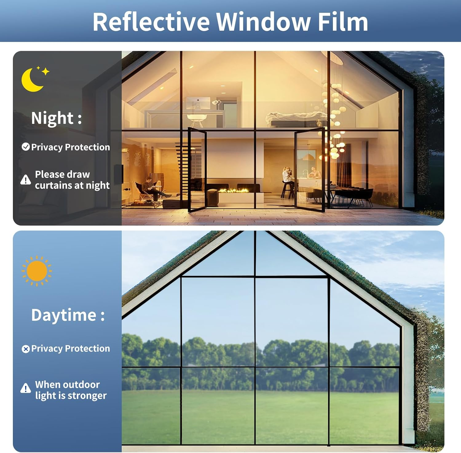 Sun Blocking Window Privacy Film, One Way Window Tint for Home, Daytime Window Privacy See Out Not in Window Cling Mirror Reflective anti UV Glass Covering for Home Office Car (Silver, 45X200Cm)