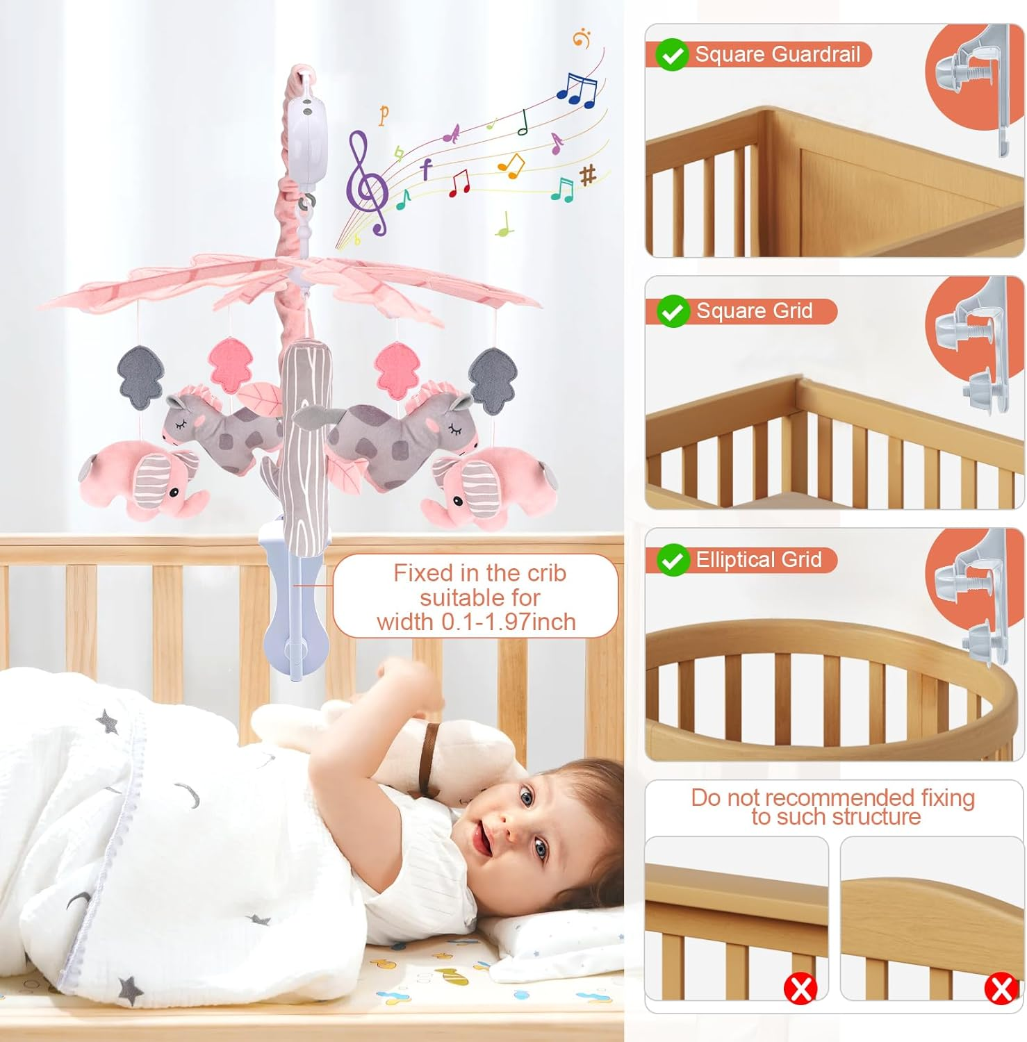 Upgraded Blublu Park Musical Mobile for Crib, Baby Crib Mobile with Hanging Rotating Toys Woodland Nursery Decor for Newborn Baby Boys Girls, Digital Music Box with 3 Modes, 12 Lullabies (Pink) image number 2