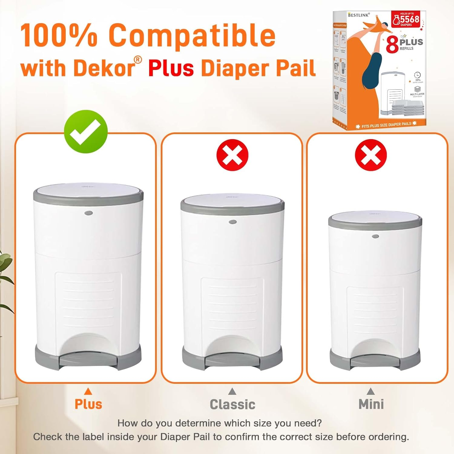 8 Pack Refills Compatible with DEKOR plus Diaper Pails | 20% Extra Length Diaper Pail Refill Bags Liners Holds 5568 Diapers | Ultimate Odor Control with Baby Scented image number 5