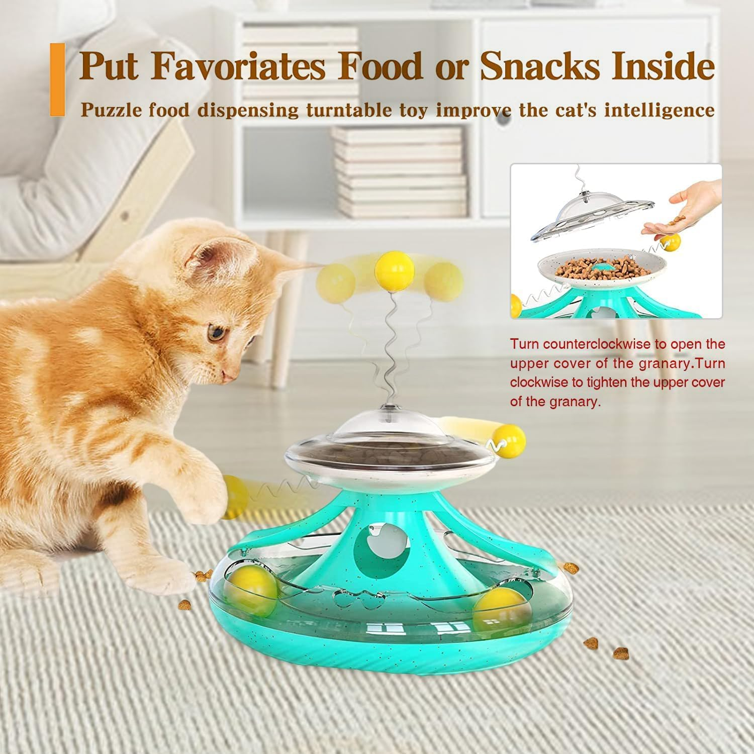 Interactive Cat Ball Toy with Turntable Tracks for Indoor Cat Treat Dispenser Toy Kitty Teaser Stick Ball Cat Food Dispenser Pet Exercise Toys Kitten Puzzle Toy Gifts for Cat Lovers