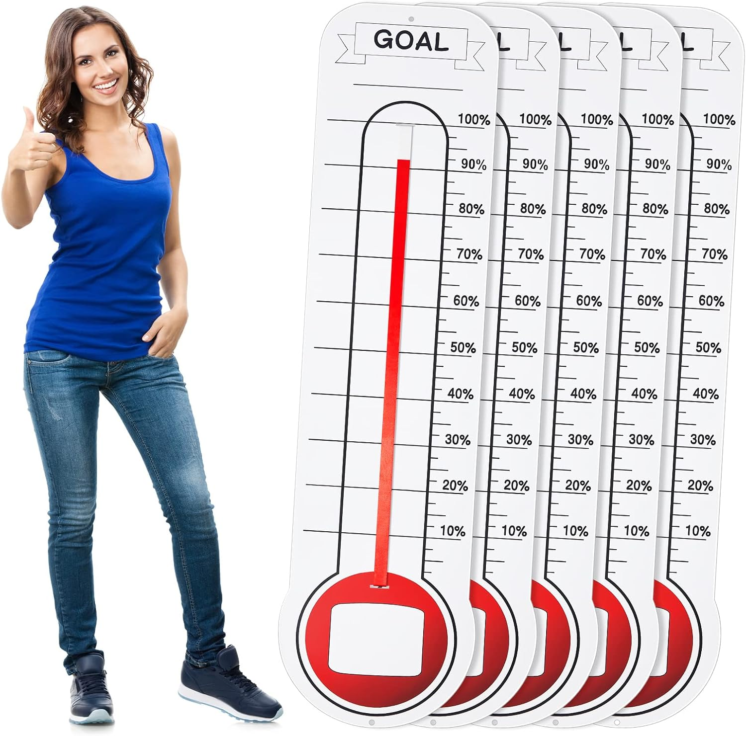 5 Pcs Goal Chart Fundraising Thermometer Goal Setter Board Goal Tracker Giant Goal Chart Goal Tracker Dry Erase Goal Setting Wall Mounted Thermometer with Pull through Ribbon, 46 X 12 Inches image number 2