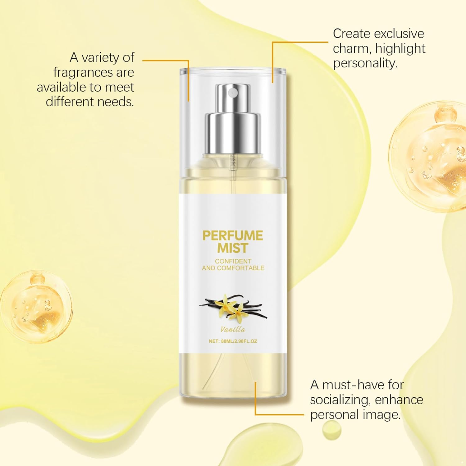 Loodgao 24 Hours Long Lasting Vanilla Body Spray for Women Men 88ML Sweet Comfortable Scent Lightweight Non Greasy Alcohol Free Fragrance Yellow One Size image number 1