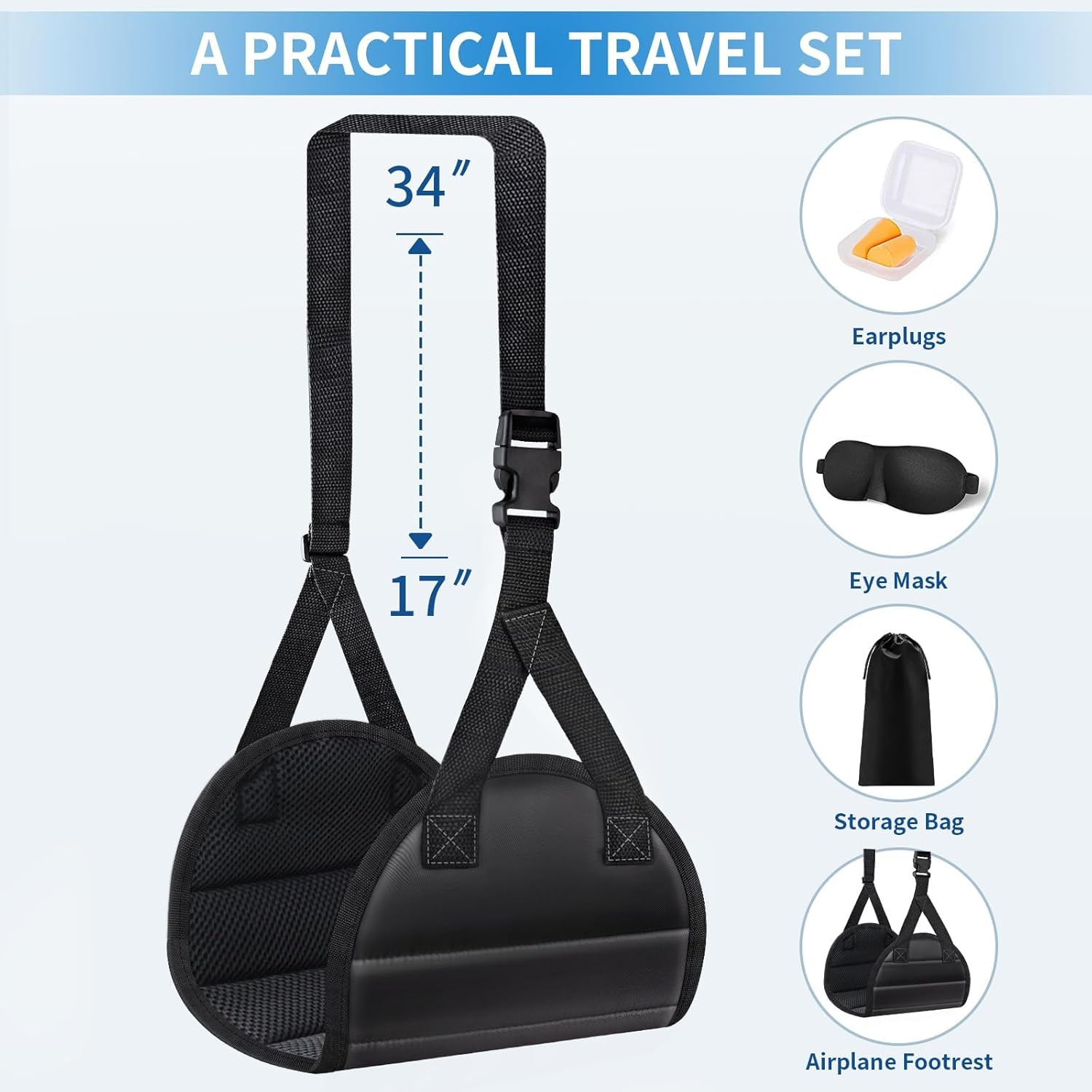 Airplane Foot Hammock (Memory Foam) - Perfect Airplane Footrest to Relax Your Feet | Foot Hammock for Travel & Desk Use, Travel Essentials with Eye Mask and Earplugs