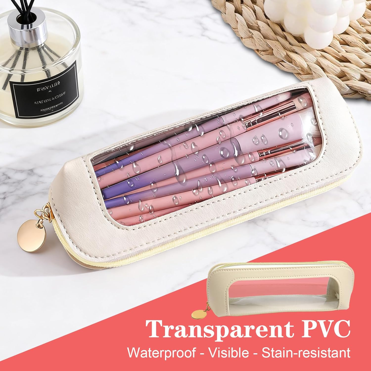 Small Clear Makeup Bag, PU Leather Travel Makeup Brush Case Portable Transparent Waterproof Cosmetic Organizer Pouch with Zipper for Women Home Travel Office Makeup Storage image number 4