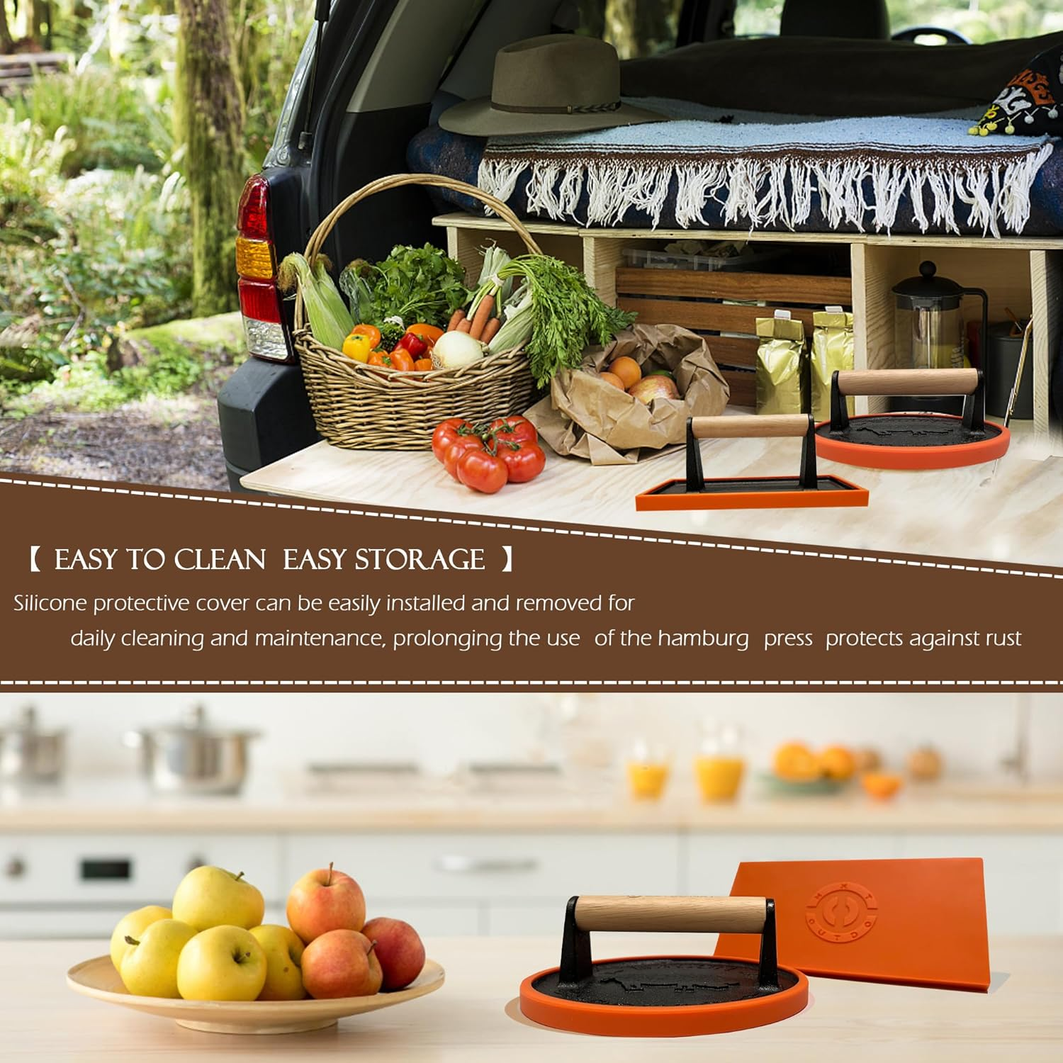 Burger Press Smash Burger Press for Blackstone Griddle Heavy Duty Cast Iron 8.5"X4.3" Rectangular Grill Press Bacon Press with Wood Handle and Silicone Protective Cover image number 6