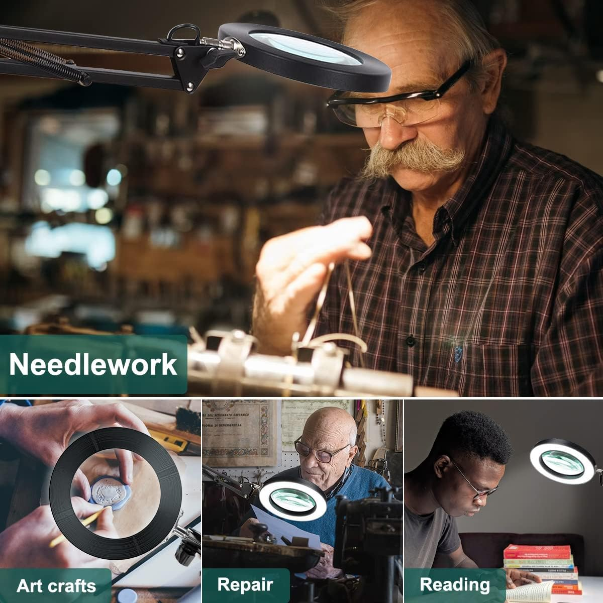 10X Magnifying Lamp with Stand, 3-Colour Modes, Adjustable Brightness, Adjustable Swing Arm,Perfect for Daily Reading,Hobbies, Crafts, Workbench image number 1