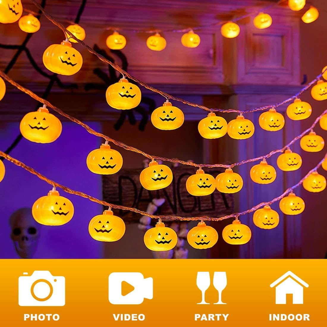 WUSJCOF 20 LED Halloween Pumpkin Fairy Lights with 2 Modes, 3D Pumpkin Decorative Light for Halloween Party, Homes, Gardens and Yard (3 M)