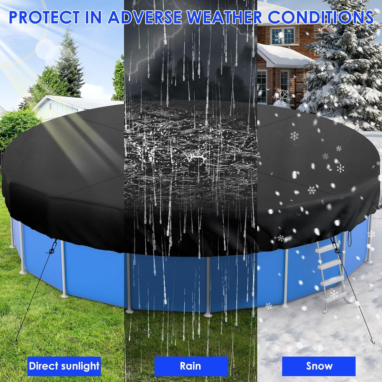 Fxvhojq round Pool Cover with Drawstring Design Sturdy 210D Oxford Cloth Inground Pool Cover Protector for Waterproof and Dustproof(Black,12 Feet) image number 5