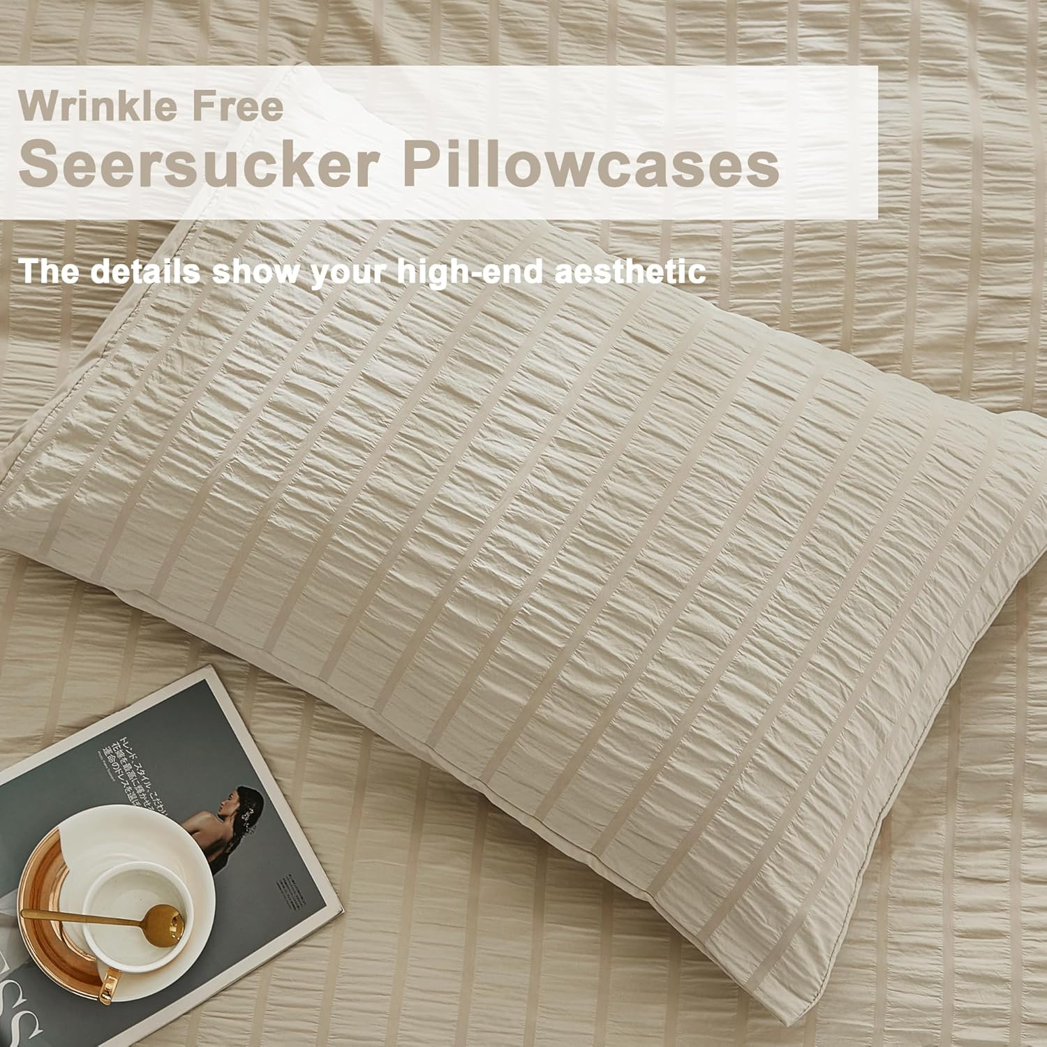 Avelom Beige Seersucker Duvet Cover Set Queen Size (90 X 90 Inches), 3 Pieces (1 Duvet Cover + 2 Pillow Cases), Ultra Soft Washed Microfiber, Textured Duvet Cover with Zipper Closure, Corner Ties image number 5