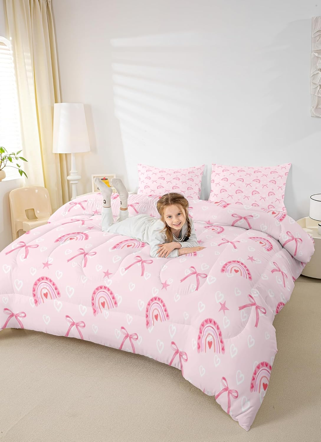 Manfei Cute Unicorn Comforter Set King Size, Pink Blue Glitter Princess Bedding Set 3Pcs, Girls Woman Bedroom Decor, Cartoon Kawaii down Comforter for Kids, Girly Dreamy Duvet Insert, 2 Pillowcases