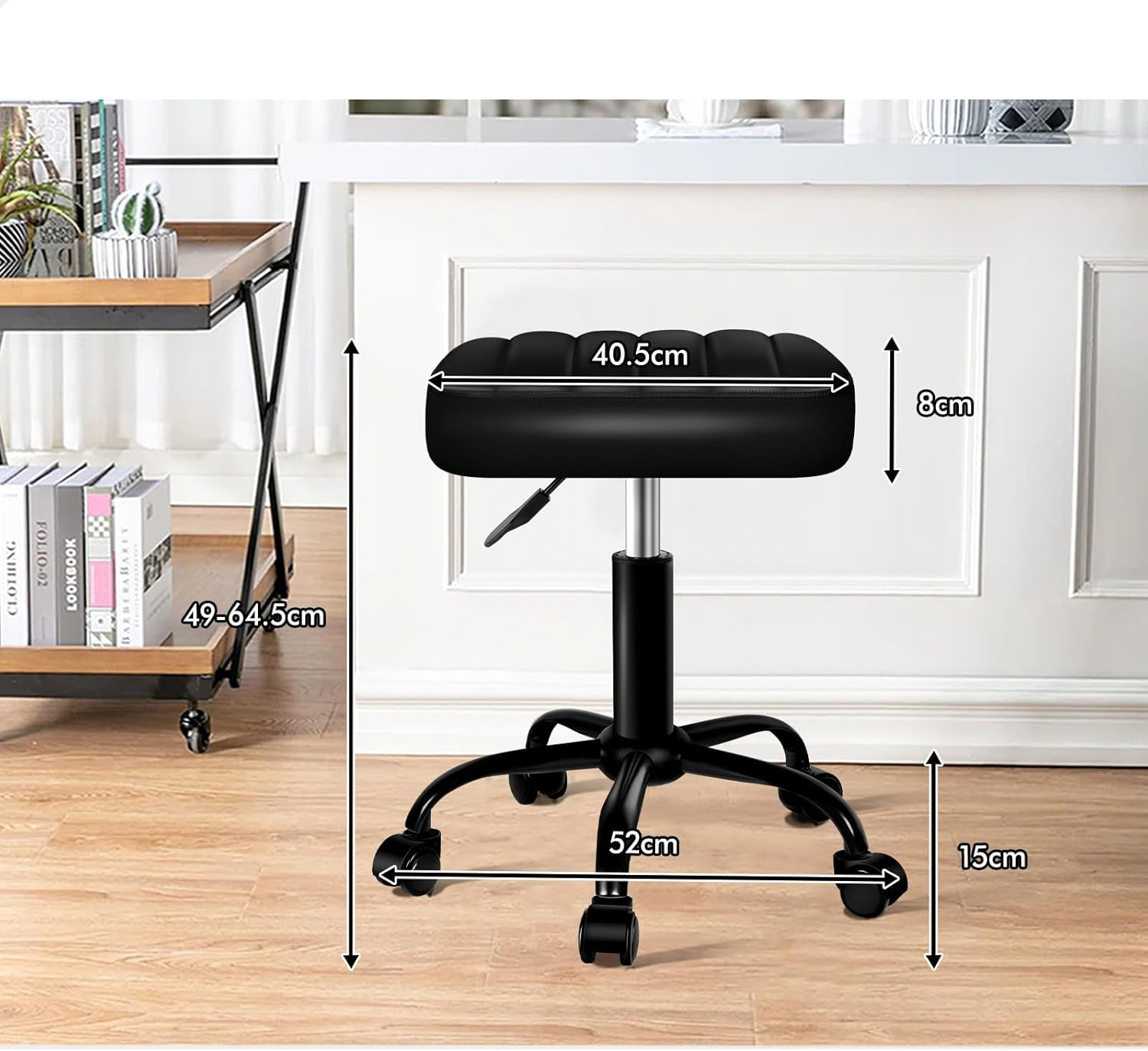 ALFORDSON Salon Stool with PU Leather Upholstery, Adjustable Drafting Rolling Stools in 49-64.5Cm Height, Swivel Spa Chair with Rolling Wheels Hair Barber for Massage Table(Lina Black)