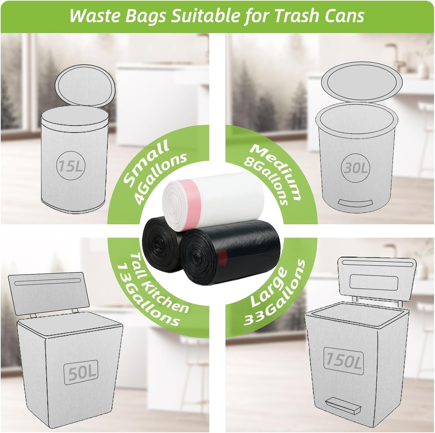 Makmefre 50L Drawstring Tall Kitchen Trash Bags,Clean Fresh Scent and Heavy Duty Garbage Bags(100 Count,60X70Cm) image number 5